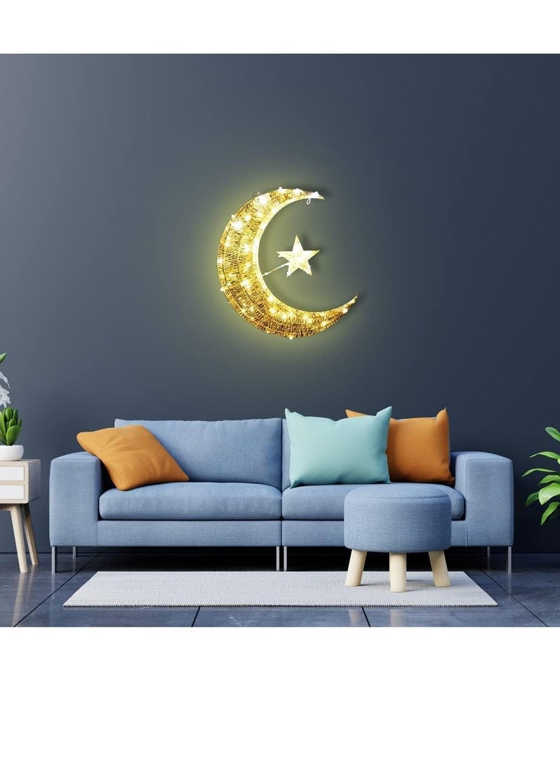بامير ديكور عيد رمضان القمر، نجمة القمر مع قلادة معلقة تعمل بالبطارية، فانوس هلال ذهبي، ديكور منزلي لعيد مبارك مع زينة مصابيح LED بيضاء دافئة. القمر المتلألئ 30 × 26 سم.  - Image 2