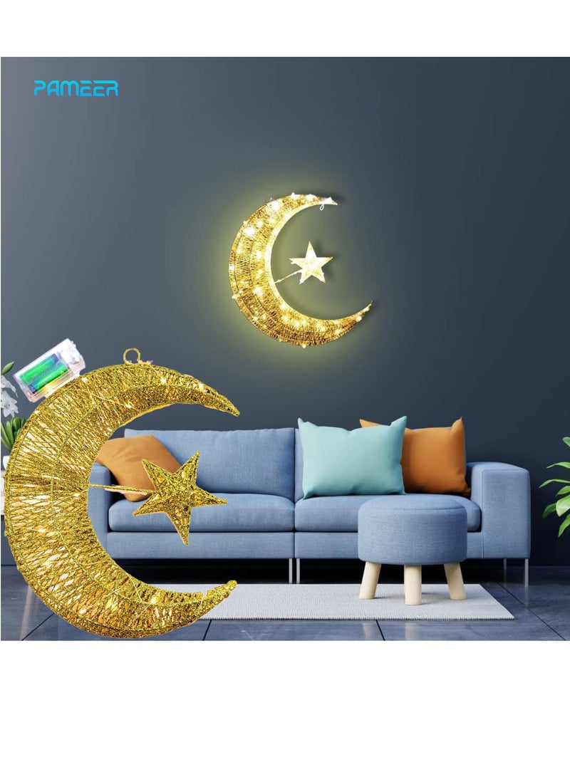 بامير ديكور عيد رمضان القمر، نجمة القمر مع قلادة معلقة تعمل بالبطارية، فانوس هلال ذهبي، ديكور منزلي لعيد مبارك مع زينة مصابيح LED بيضاء دافئة. القمر المتلألئ 30 × 26 سم.  - Image 1