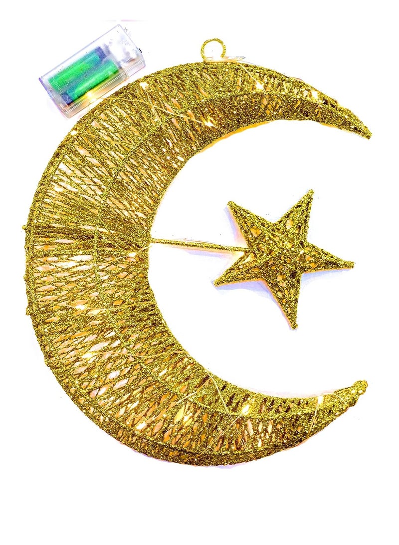 بامير ديكور عيد رمضان القمر، نجمة القمر مع قلادة معلقة تعمل بالبطارية، فانوس هلال ذهبي، ديكور منزلي لعيد مبارك مع زينة مصابيح LED بيضاء دافئة. القمر المتلألئ 30 × 26 سم.  - Image 3