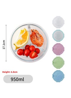 Glass Lunch Box Bento Box Fresh-keeping Bowl Sealed Box Lunch Box Fresh-keeping Box Can Enter Microwave Glass Bowl Fruit Box-Specifications:Large Circle Three Points 950ml-Color:Chrysanthemum Blue