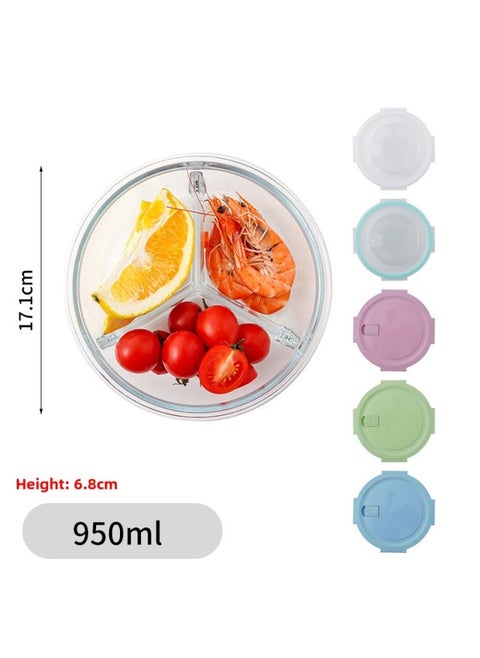 Glass Lunch Box Bento Box Fresh-keeping Bowl Sealed Box Lunch Box Fresh-keeping Box Can Enter Microwave Glass Bowl Fruit Box-Specifications:Large Circle Three Points 950ml-Color:Chrysanthemum Blue