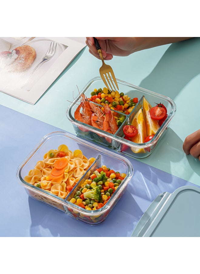 Generic - Glass Lunch Box Bento Box Fresh-keeping Bowl Sealed Box Lunch Box Fresh-keeping Box Can Enter Microwave Glass Bowl Fruit Box-Specifications:Large Circle Three Points 950ml-Color:Chrysanthemum Blue - Image 1