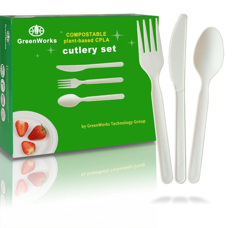 GreenWorks 150 Count 7 Heavyduty Compostable Utensils50 Forks 50 Spoons 50 Knives Cutlery SetBPI Certified Large Disposable Flatware Set
