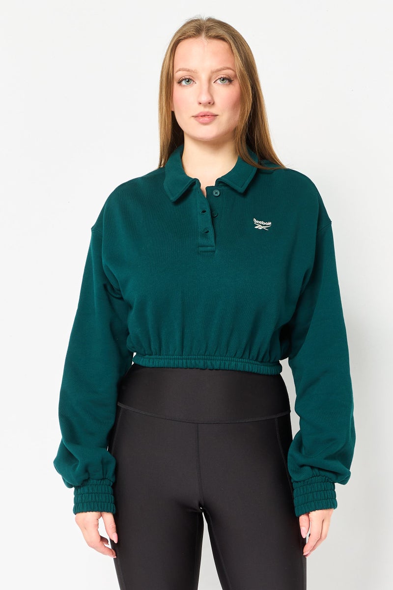 Reebok بلوزة رياضية نسائية بأكمام طويلة مناسبة للخارج، خضراء - Image 1
