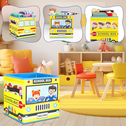 CHUNNIN 6 Pcs 11 Inch Colorful Fabric Storage Bins Bus Foldable Fabric Cubby Baskets with Handles for Back to School Classroom Organization Collapsible Bins Organizer for School Nursery Office Home Supplies - Image 5