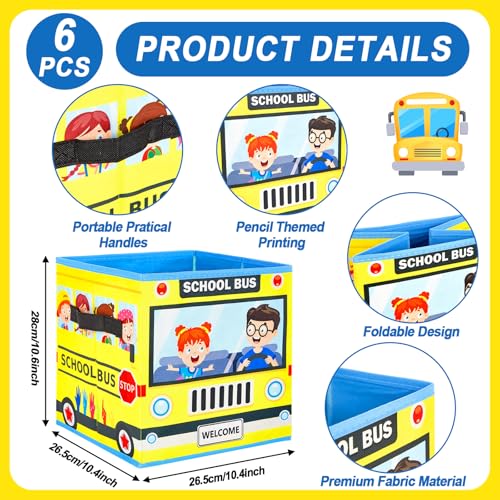 CHUNNIN 6 Pcs 11 Inch Colorful Fabric Storage Bins Bus Foldable Fabric Cubby Baskets with Handles for Back to School Classroom Organization Collapsible Bins Organizer for School Nursery Office Home Supplies - Image 2