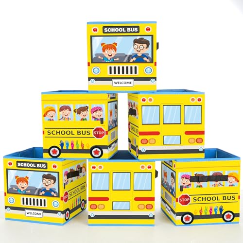 CHUNNIN 6 Pcs 11 Inch Colorful Fabric Storage Bins Bus Foldable Fabric Cubby Baskets with Handles for Back to School Classroom Organization Collapsible Bins Organizer for School Nursery Office Home Supplies - Image 1