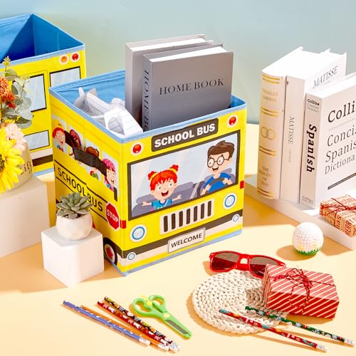 CHUNNIN 6 Pcs 11 Inch Colorful Fabric Storage Bins Bus Foldable Fabric Cubby Baskets with Handles for Back to School Classroom Organization Collapsible Bins Organizer for School Nursery Office Home Supplies - Image 4