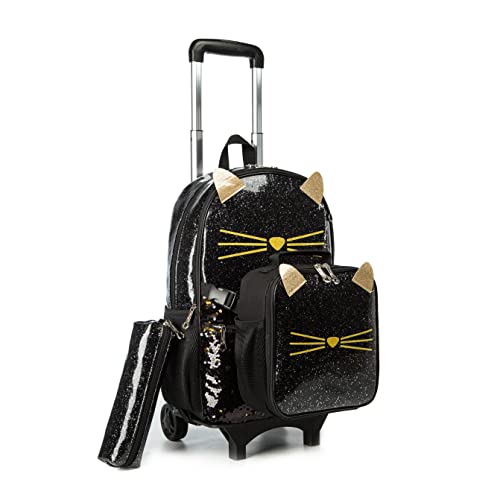 Meetbelify Girls Cute Cat Rolling Backpack with Wheels Kids Luggage for Elementary Kindergarten Suitcase Trip Laptop Roller Backpack for Girls - Image 1