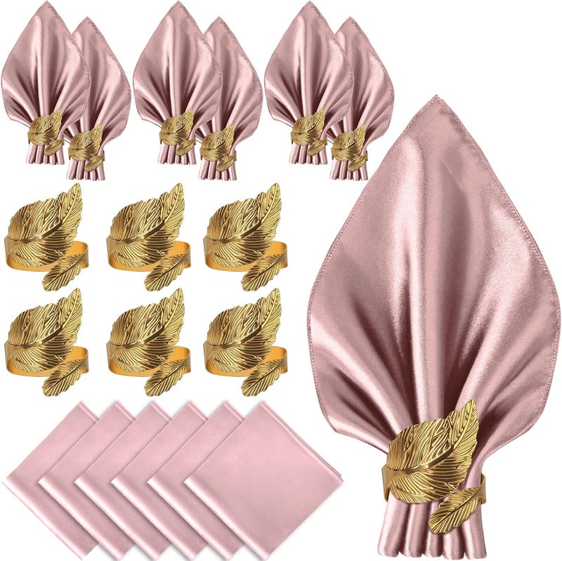 VIJIV 12 Pack Cloth Napkins and Gold Napkin Rings Set of 6 17x17 Square Satin Dinner Table Napkins Rings Leaf Personalized Napkins Bridal Shower Napkins for Wedding Reception Party Decorative - Image 1