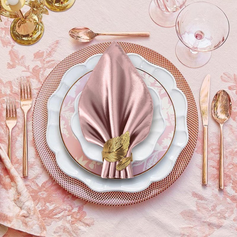 VIJIV 12 Pack Cloth Napkins and Gold Napkin Rings Set of 6 17x17 Square Satin Dinner Table Napkins Rings Leaf Personalized Napkins Bridal Shower Napkins for Wedding Reception Party Decorative - Image 4