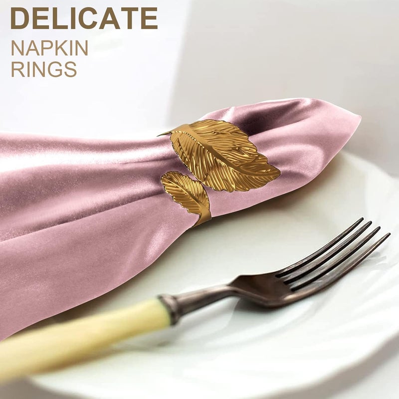 VIJIV 12 Pack Cloth Napkins and Gold Napkin Rings Set of 6 17x17 Square Satin Dinner Table Napkins Rings Leaf Personalized Napkins Bridal Shower Napkins for Wedding Reception Party Decorative - Image 5