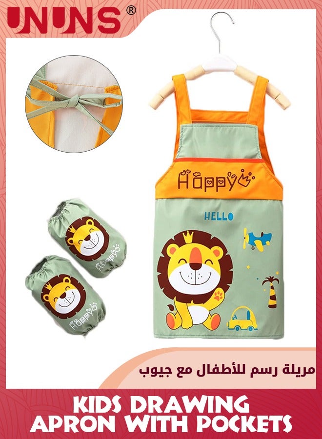 UNUNS Kids Drawing Apron And Sleeves,Waterproof Kids Art Smocks With Pockets,Adjustable Painting Aprons And Sleeves Set For Pottery Craft Baking Cooking,Gift For Boys Girls-Lion Pattern,2-5 Year - Image 1