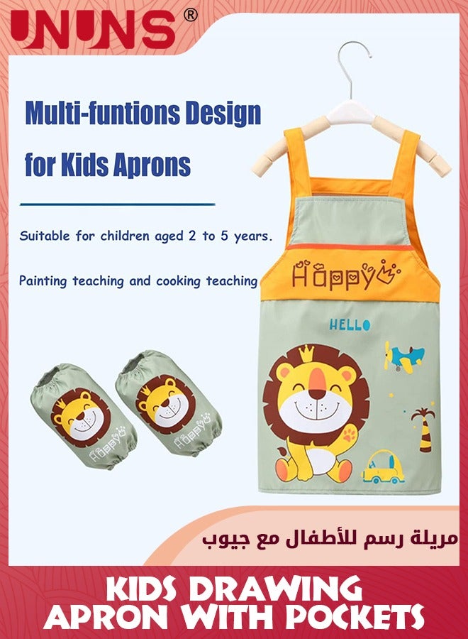 UNUNS Kids Drawing Apron And Sleeves,Waterproof Kids Art Smocks With Pockets,Adjustable Painting Aprons And Sleeves Set For Pottery Craft Baking Cooking,Gift For Boys Girls-Lion Pattern,2-5 Year - Image 5