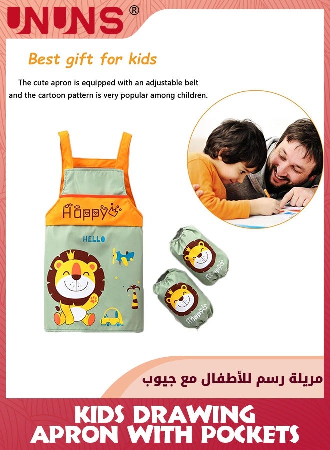 UNUNS Kids Drawing Apron And Sleeves,Waterproof Kids Art Smocks With Pockets,Adjustable Painting Aprons And Sleeves Set For Pottery Craft Baking Cooking,Gift For Boys Girls-Lion Pattern,2-5 Year - Image 2