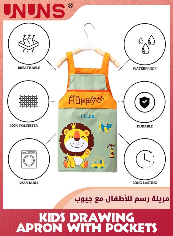 UNUNS Kids Drawing Apron And Sleeves,Waterproof Kids Art Smocks With Pockets,Adjustable Painting Aprons And Sleeves Set For Pottery Craft Baking Cooking,Gift For Boys Girls-Lion Pattern,2-5 Year - Image 3