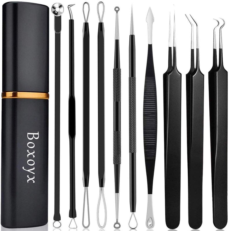 Boxoyx Pimple Popper Tool Kit - 10 Pcs Blackhead Remover Comedone Extractor Kit with Box for Quick and Easy Removal of Pimples, Blackheads, Zit Removing, Forehead,Facial and Nose (Black) - Image 1