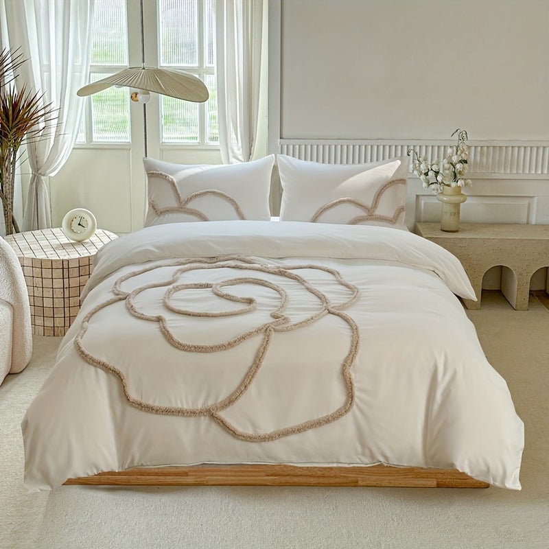 Tufted bed cover set 2/3 sets (1 bed cover + 1/2 pillowcase), large flower design, simple and comfortable, four season bedroom bedding set, with zipper and corner strap, suitable for women and men - Image 2
