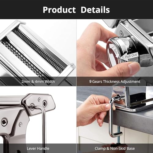 METLUCK Pasta Maker, METLUCK Stainless Steel Pasta Machine Manual Roller Pasta Maker with 9 Thickness Settings for Spaghetti Linguine Fettuccine Lasagne, Includes Dough Cutter & Hand Crank - Image 3