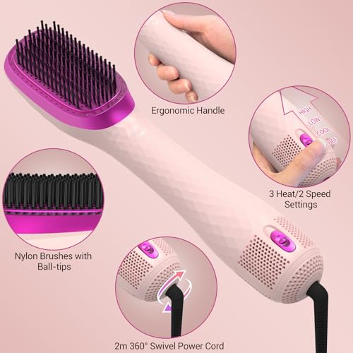 APOKE 3 in 1 Hair Dryer Brush Professional 1200W Powerful Ceramic Tourmaline 3 Heat/2 Speed Settings One Step Hair Dryer and Styler (Pink) - Image 5