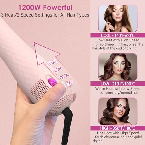 APOKE 3 in 1 Hair Dryer Brush Professional 1200W Powerful Ceramic Tourmaline 3 Heat/2 Speed Settings One Step Hair Dryer and Styler (Pink) - Image 3