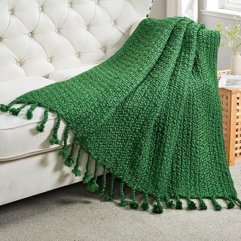 Chunky Knit Throw Blanket With Braided Tassels 50x60 Hand Knitted Soft Christmas Green - Image 4