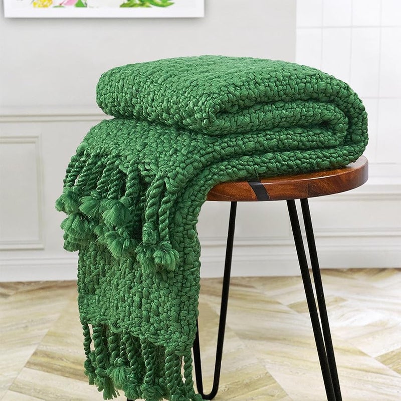 Chunky Knit Throw Blanket With Braided Tassels 50x60 Hand Knitted Soft Christmas Green - Image 2