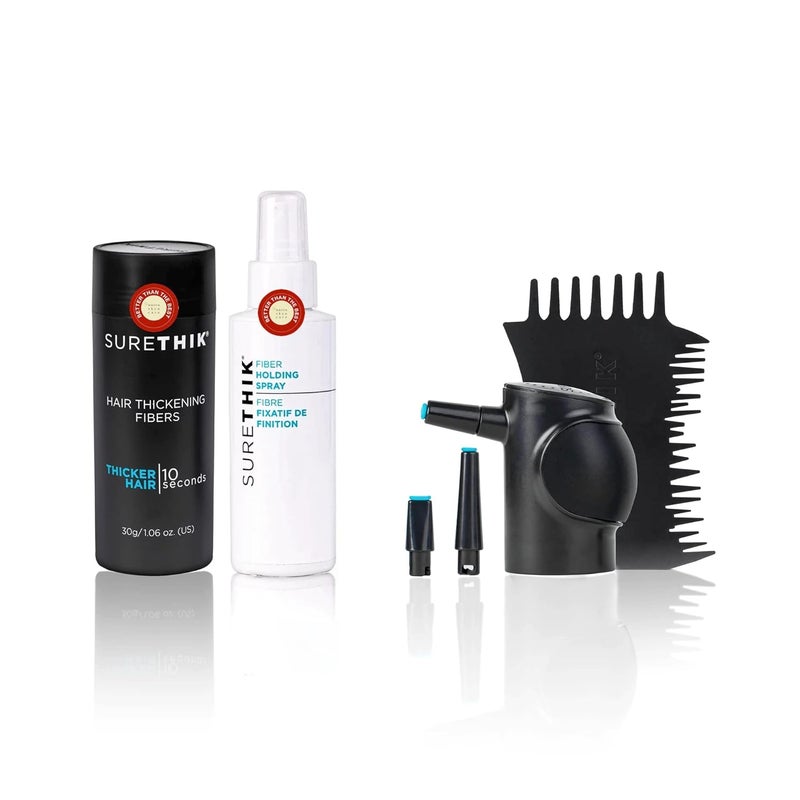 SureThik Hair Thickening Fibers 30g with Fiber Holding Spray and Applicator Hairline Comb Black - Image 1