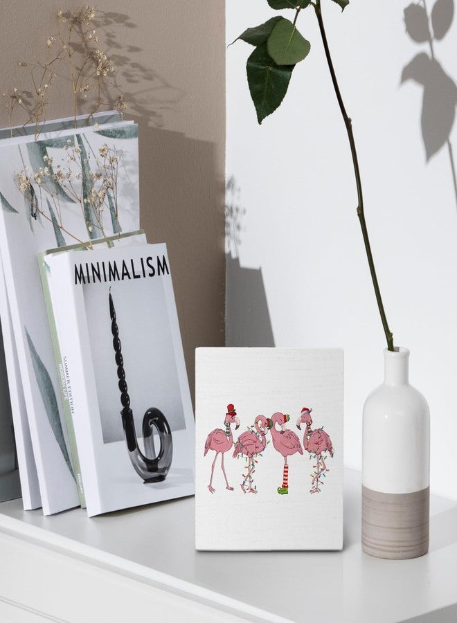 Nvotell Funny Pink Santa Hat Flamingos Wooden Box Sign - Flamingo Christmas Decor, Desk Table Shelf Decor, Indoor Wooden Sign, 5x5 Inch - Image 4