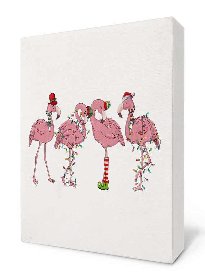 Nvotell Funny Pink Santa Hat Flamingos Wooden Box Sign - Flamingo Christmas Decor, Desk Table Shelf Decor, Indoor Wooden Sign, 5x5 Inch - Image 1