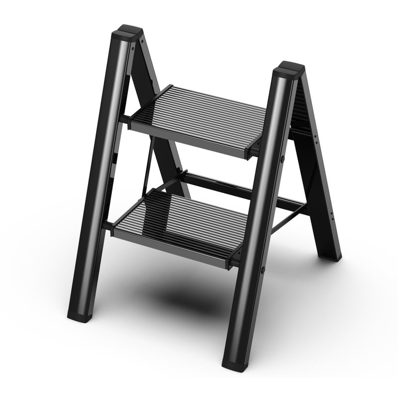 GameGem 2 Step Ladder, Folding Step Stool with Wider Pedal, Anti-Slip Feet & Non Slip Stripes, Aluminum Sturdy Material, 300Lbs Capacity, Elegant Look of Piano Black Better Matches Your Home - Image 1