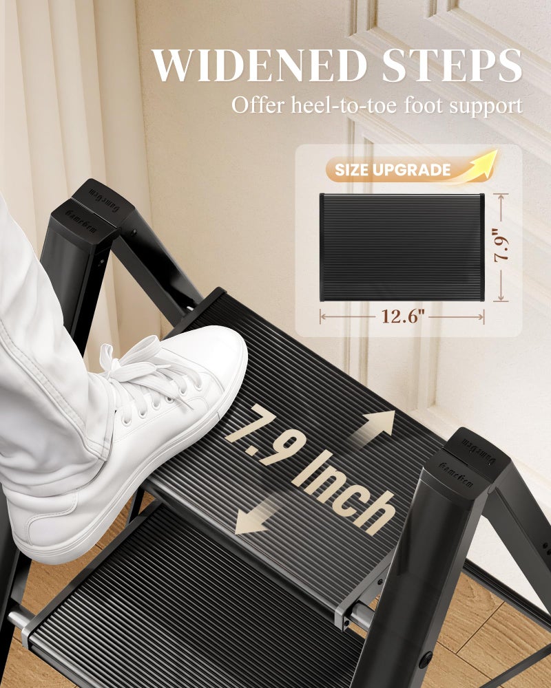 GameGem 2 Step Ladder, Folding Step Stool with Wider Pedal, Anti-Slip Feet & Non Slip Stripes, Aluminum Sturdy Material, 300Lbs Capacity, Elegant Look of Piano Black Better Matches Your Home - Image 3