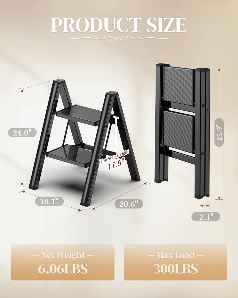 GameGem 2 Step Ladder, Folding Step Stool with Wider Pedal, Anti-Slip Feet & Non Slip Stripes, Aluminum Sturdy Material, 300Lbs Capacity, Elegant Look of Piano Black Better Matches Your Home - Image 2