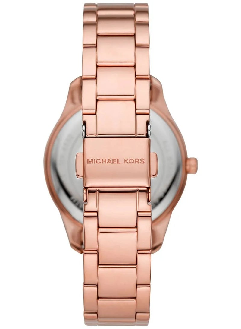 ام كي ساعة ليتون ثلاثية العقارب بمينا أحمر وحزام من الفولاذ والذهب الوردي للنساء - MK6893 - Image 3