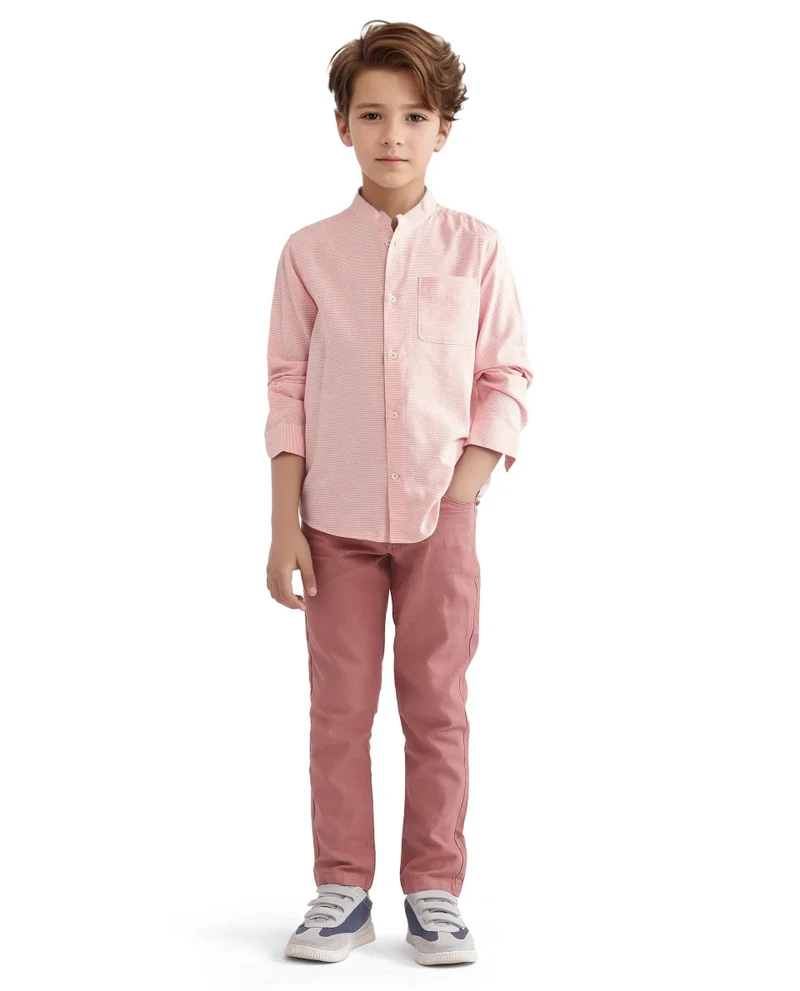 رير ونز Rare Ones Kids Lynx Peach Cotton Blend Full Sleeve Mandarin Collar Self Striped Embroidered Signature Shirt