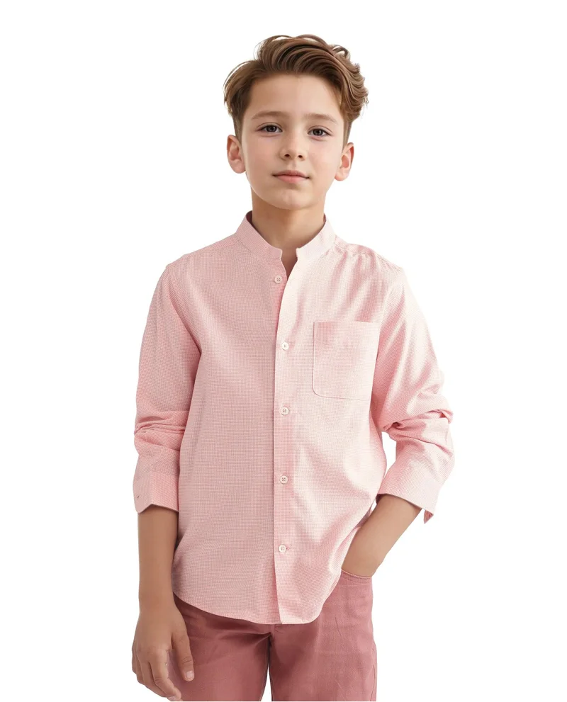 رير ونز Rare Ones Kids Lynx Peach Cotton Blend Full Sleeve Mandarin Collar Self Striped Embroidered Signature Shirt