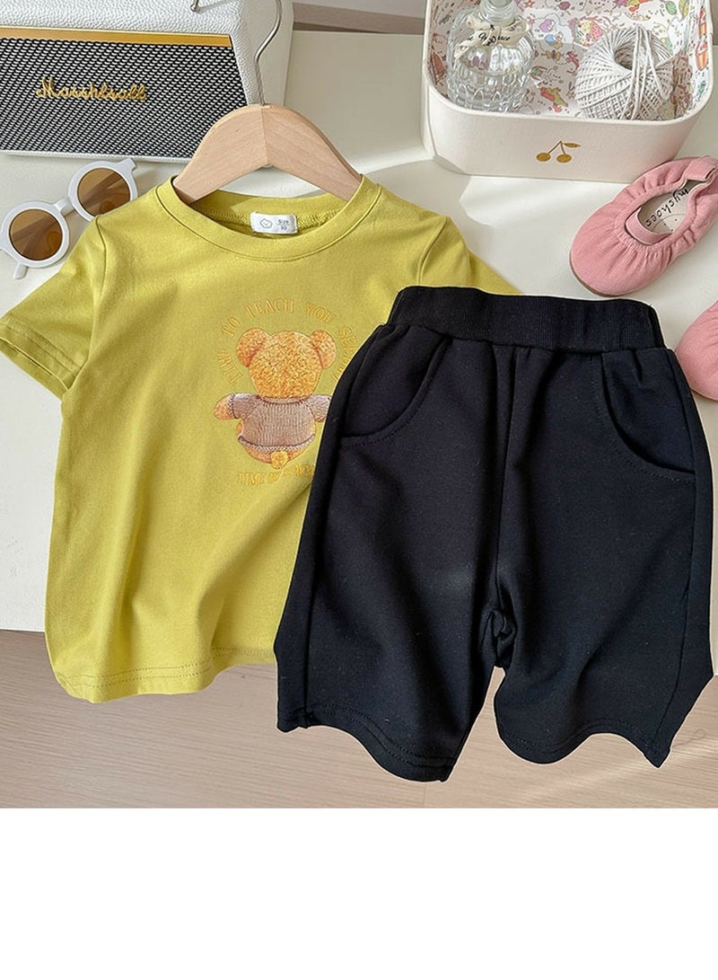 Loquat Kids Printed Short Sleeve T-Shirt And Solid Shorts With Pockets Summer Casual Set Lemon Yellow/Black - Image 2