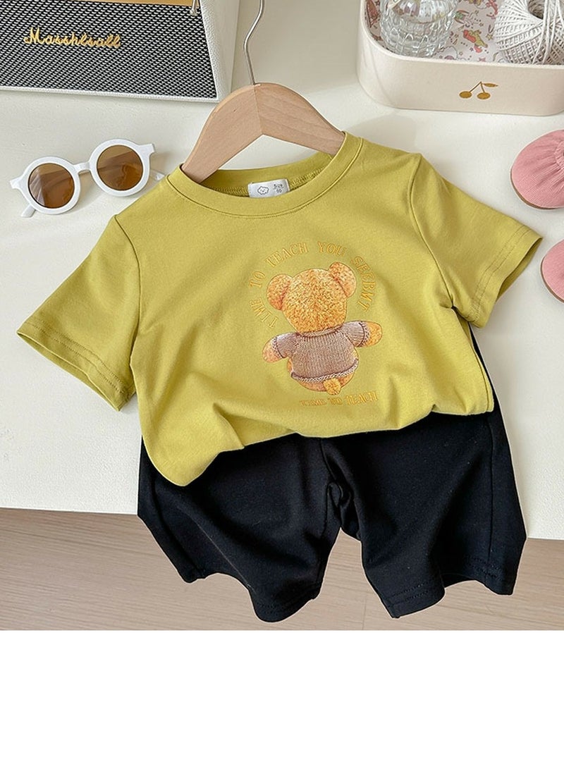 Loquat Kids Printed Short Sleeve T-Shirt And Solid Shorts With Pockets Summer Casual Set Lemon Yellow/Black - Image 1
