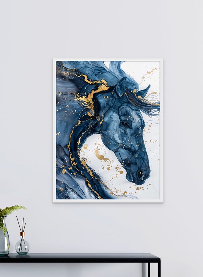 Art Decor Art Decor Watercolor Fluid Ink Art Horse Design in Blue and Gold Wall Art Framed Fine Art Wall Décor for Living Room Bedroom Dining Room Gifting - Image 1