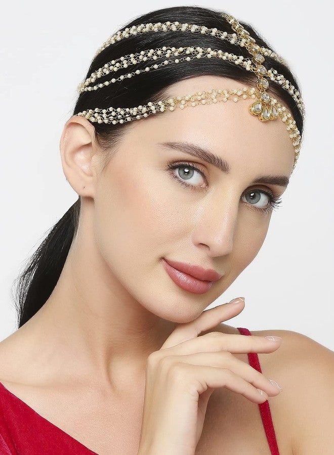 Fabula by OOMPH Jewellery Gold Tone Kundan and Beads Traditional Wedding Bridal Sheeshphool Maangtikka Matha Patti For Women & Girls Stylish Latest - Image 5