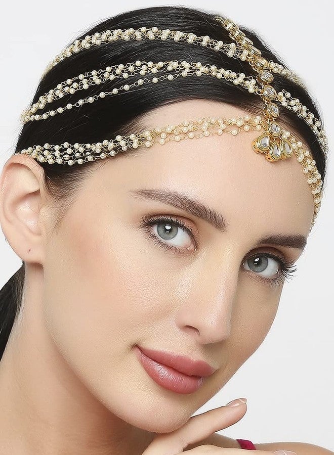 Fabula by OOMPH Jewellery Gold Tone Kundan and Beads Traditional Wedding Bridal Sheeshphool Maangtikka Matha Patti For Women & Girls Stylish Latest - Image 3