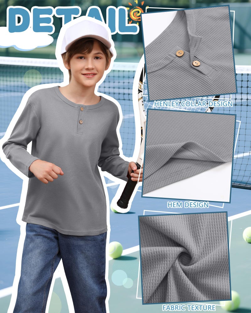 LessonZoo 3 Pack Boy's Henley Long Sleeve Shirts Waffle Thermal Tops 5-14 Years Cotton Blend Knit Sweatshirt for School(Gray, Pumpkin, Black,7-8 Years) - Image 5