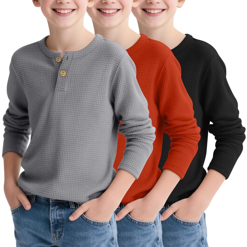 LessonZoo 3 Pack Boy's Henley Long Sleeve Shirts Waffle Thermal Tops 5-14 Years Cotton Blend Knit Sweatshirt for School(Gray, Pumpkin, Black,7-8 Years) - Image 1