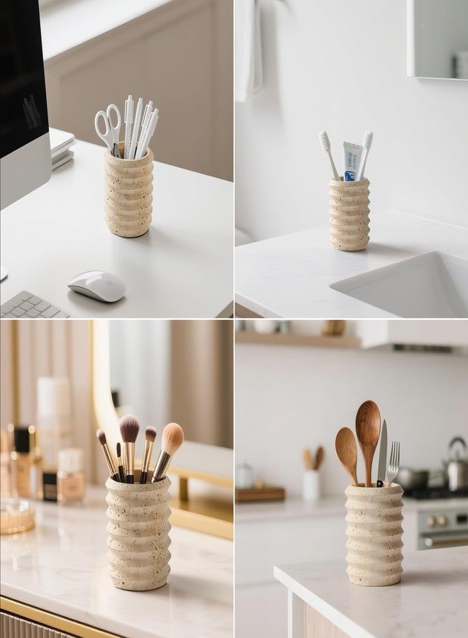 WORHE Pen Holder Stand for Desk, Natural Travertine Stone Makeup Brush Holders, Modern and Functional Pencil Cup for Office Supplies Tableware Organizer for Home Decor School Beige (PH90110) - Image 4
