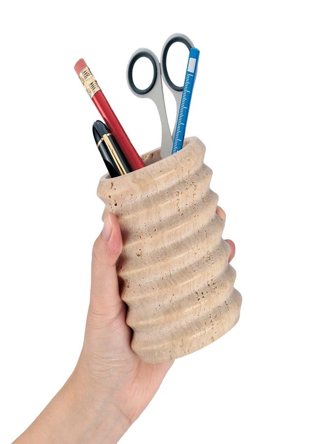 WORHE Pen Holder Stand for Desk, Natural Travertine Stone Makeup Brush Holders, Modern and Functional Pencil Cup for Office Supplies Tableware Organizer for Home Decor School Beige (PH90110) - Image 5