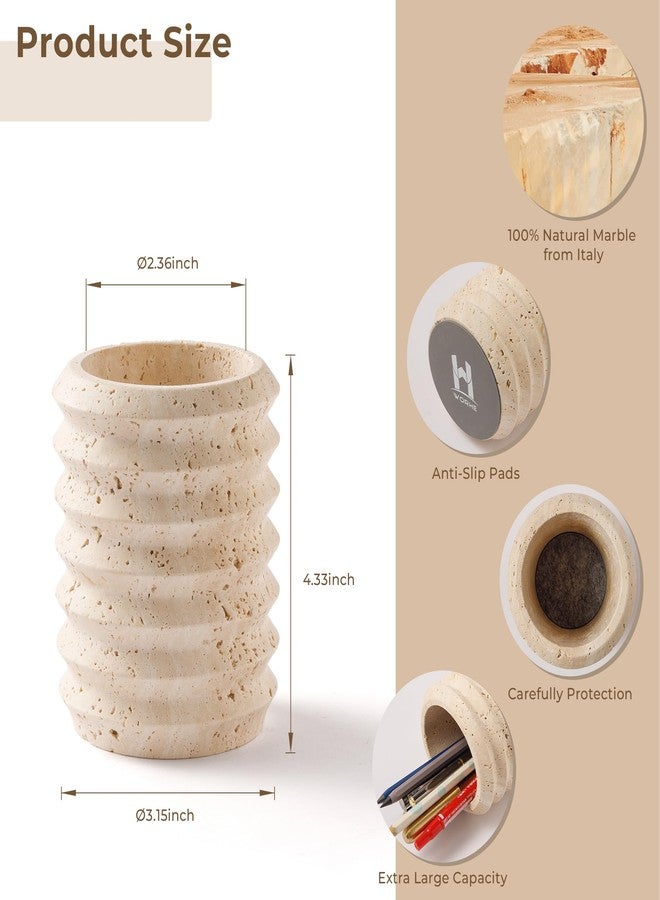 WORHE Pen Holder Stand for Desk, Natural Travertine Stone Makeup Brush Holders, Modern and Functional Pencil Cup for Office Supplies Tableware Organizer for Home Decor School Beige (PH90110) - Image 2