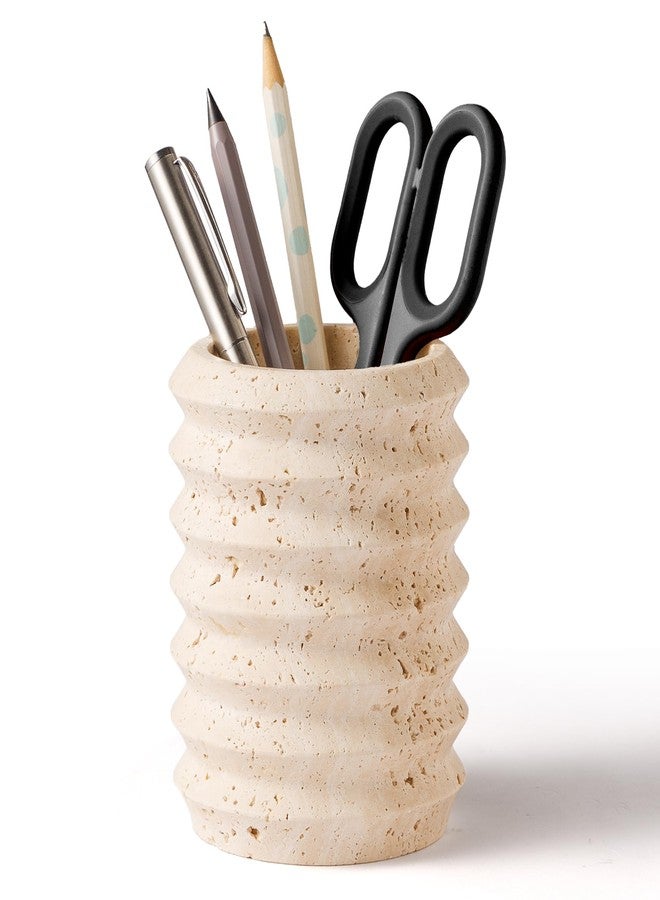 WORHE Pen Holder Stand for Desk, Natural Travertine Stone Makeup Brush Holders, Modern and Functional Pencil Cup for Office Supplies Tableware Organizer for Home Decor School Beige (PH90110) - Image 1
