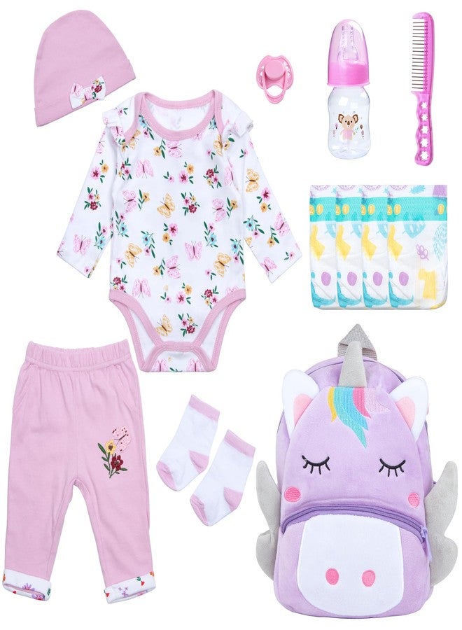 Pedolltree Reborn Baby Dolls Clothes Girl Purple Flower Outfit Accessories 12 Pcs for 17-22 Inches Reborn Doll Newborn Girl with Purple Unicorn Backpack - Image 1
