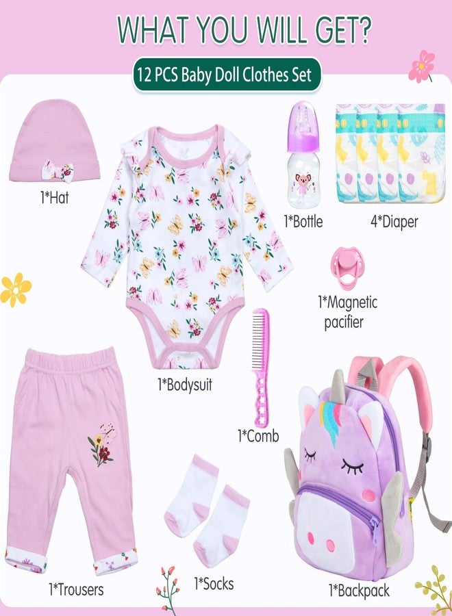 Pedolltree Reborn Baby Dolls Clothes Girl Purple Flower Outfit Accessories 12 Pcs for 17-22 Inches Reborn Doll Newborn Girl with Purple Unicorn Backpack - Image 2