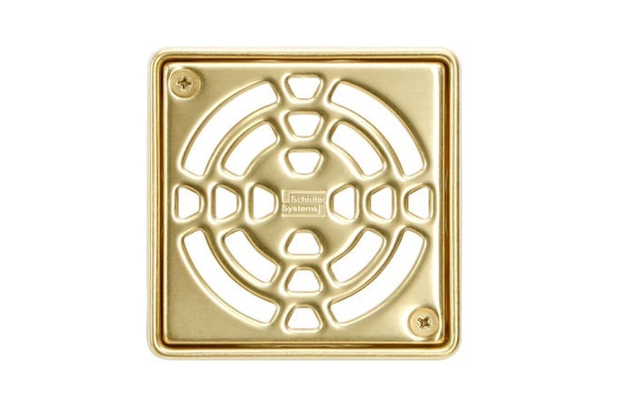 KERDIDRAIN CLASSIC SHOWER GRATE KIT WITH INTEGRATED SLOPE BONDING FLANGE IDEAL FOR TILE SHOWERS 4 GRATE SIZE SQUARE CLASSIC GOLD FINISH KD4GRKECG